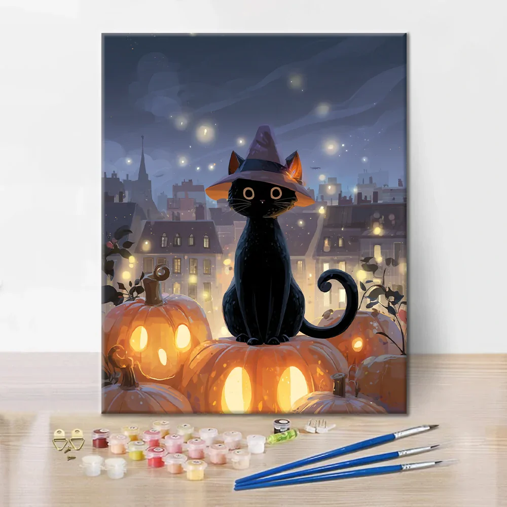 Wizard Cat Sitting on a Pumpkin - Paint by Numbers - Image 2