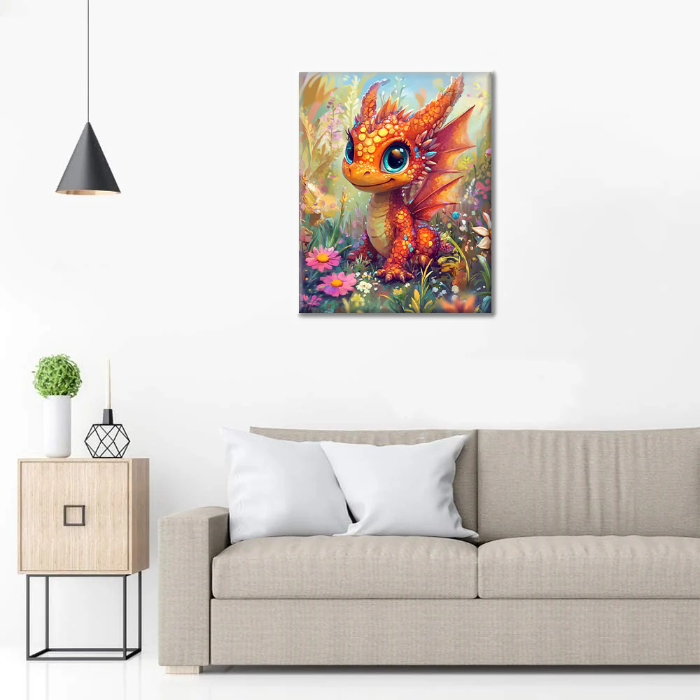Orange Dragon Puppy in a Flower Wonderland - Paint by Numbers - Image 3